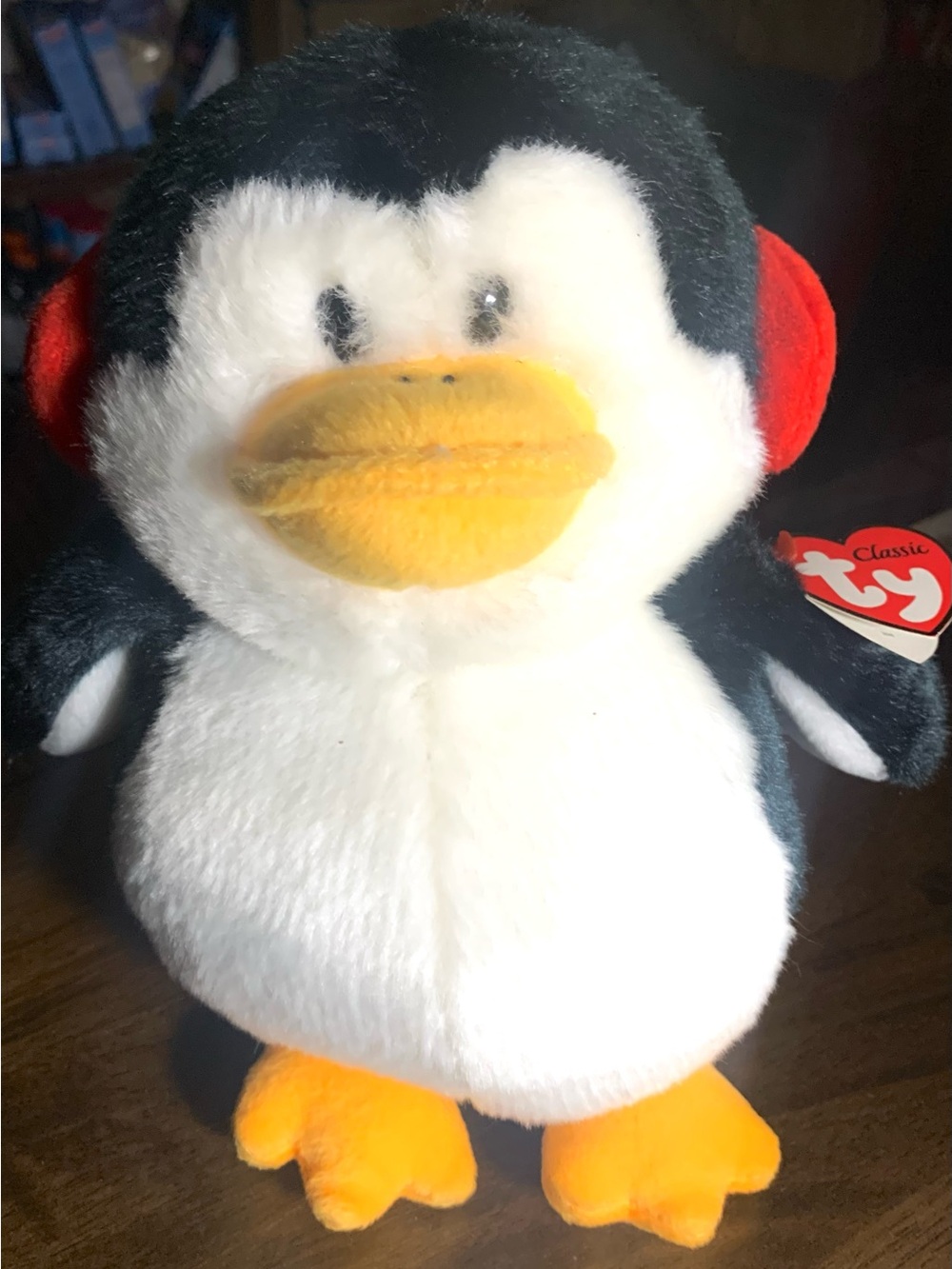 Classic Ty Plush Snowbank The Penguin with Red Ear Muffs - Black, White & Orange